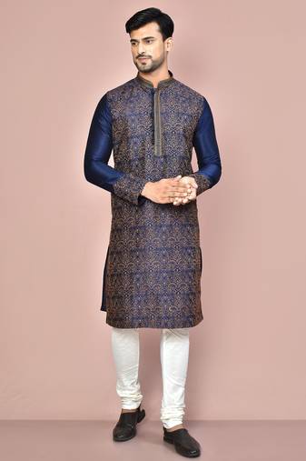 Navy blue dupion art silk kurta with computerised embroidery machine work churidar