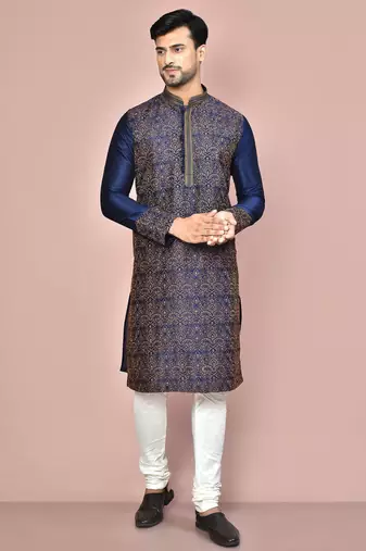 Navy blue dupion art silk kurta with computerised embroidery machine work churidar