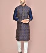 Navy blue dupion art silk kurta with computerised embroidery machine work churidar