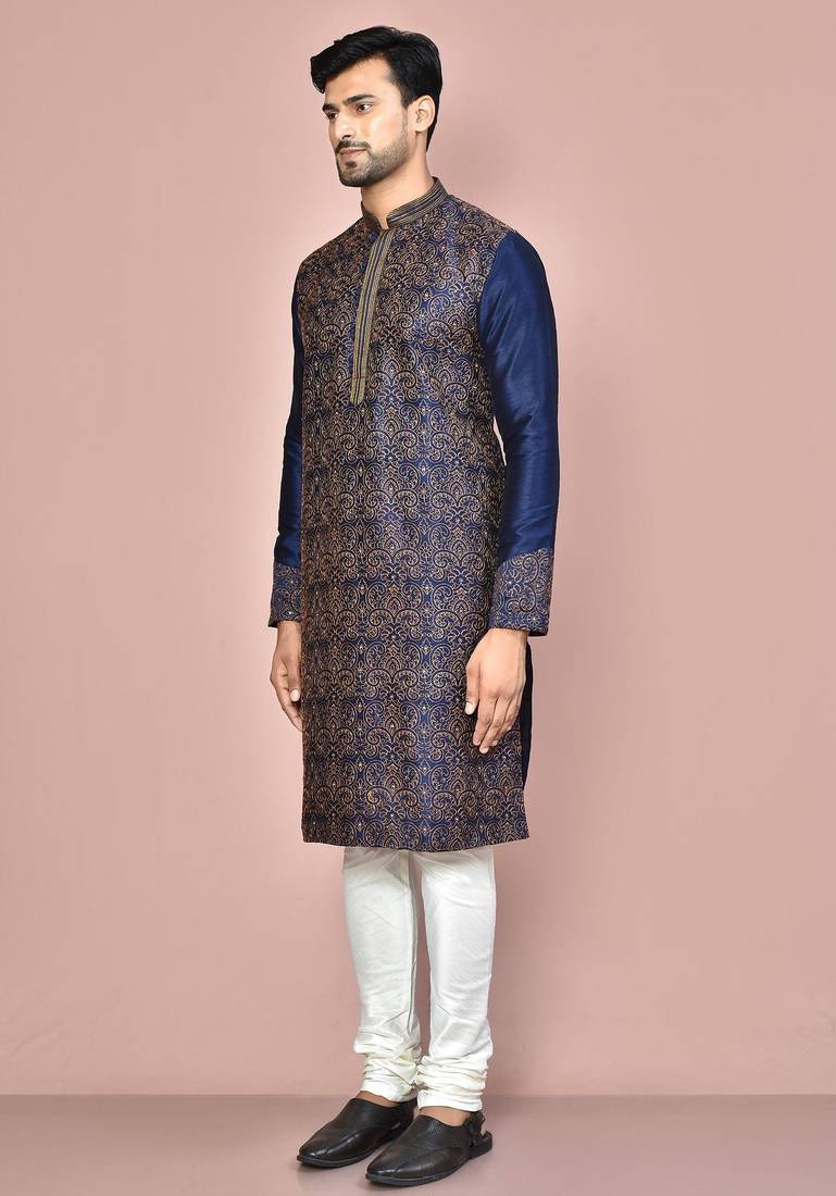 Navy blue dupion art silk kurta with computerised embroidery machine work churidar