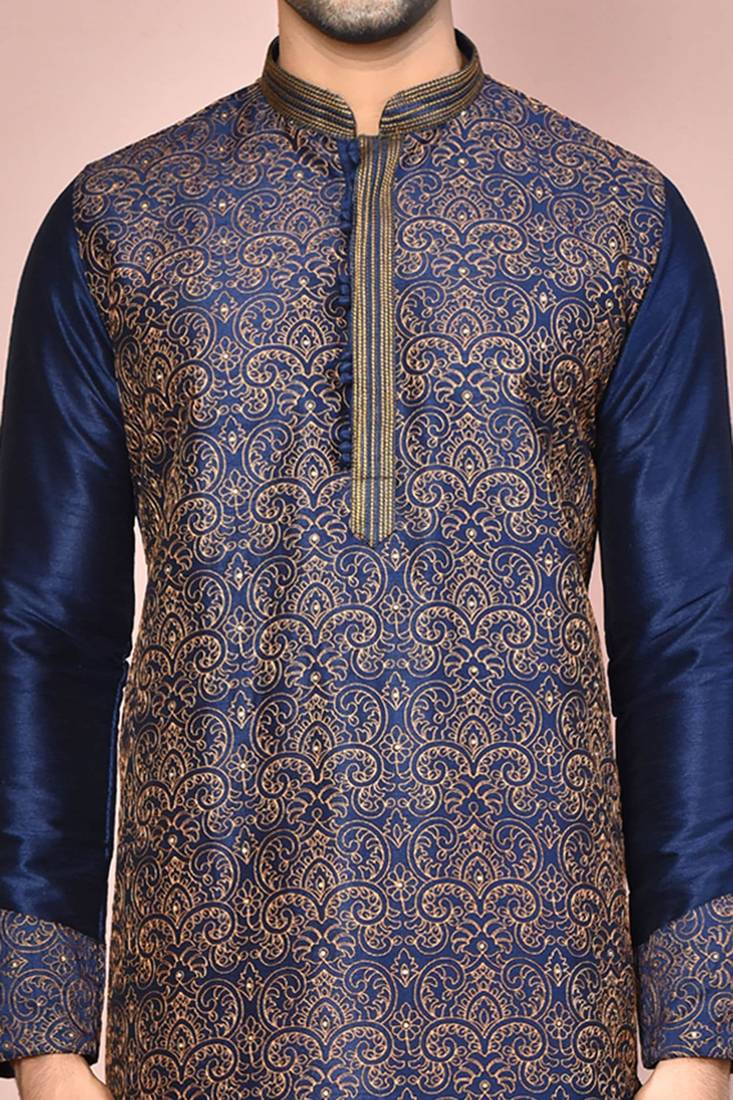Navy blue dupion art silk kurta with computerised embroidery machine work churidar
