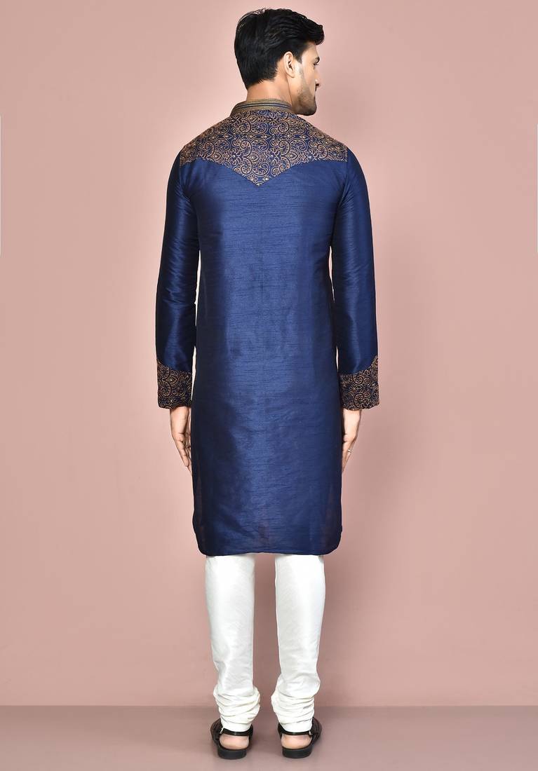 Navy blue dupion art silk kurta with computerised embroidery machine work churidar