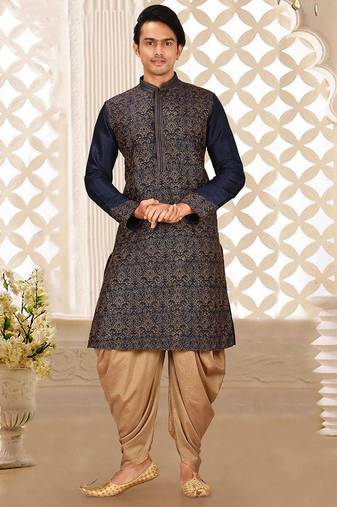 Navy blue dupion art silk kurta with computerised embroidery machine work churidar