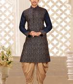 Navy blue dupion art silk kurta with computerised embroidery machine work churidar