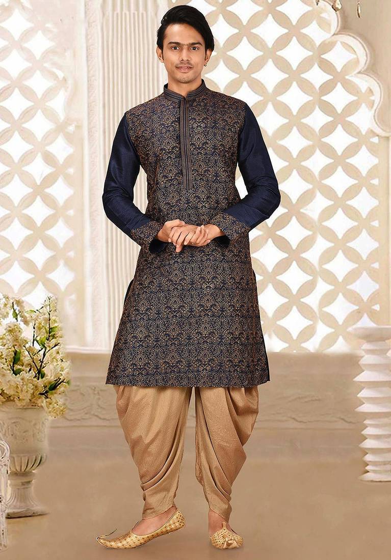 Navy blue dupion art silk kurta with computerised embroidery machine work churidar
