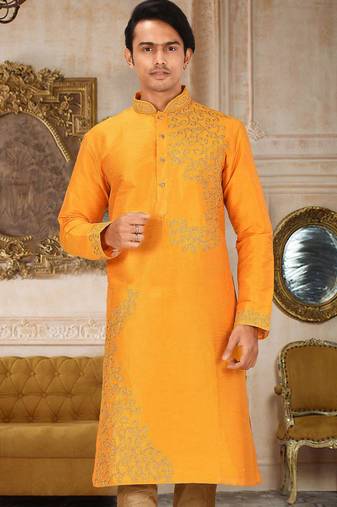 Yellow dupion art silk kurta with computerised embroidery machine work churidar