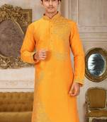 Yellow dupion art silk kurta with computerised embroidery machine work churidar