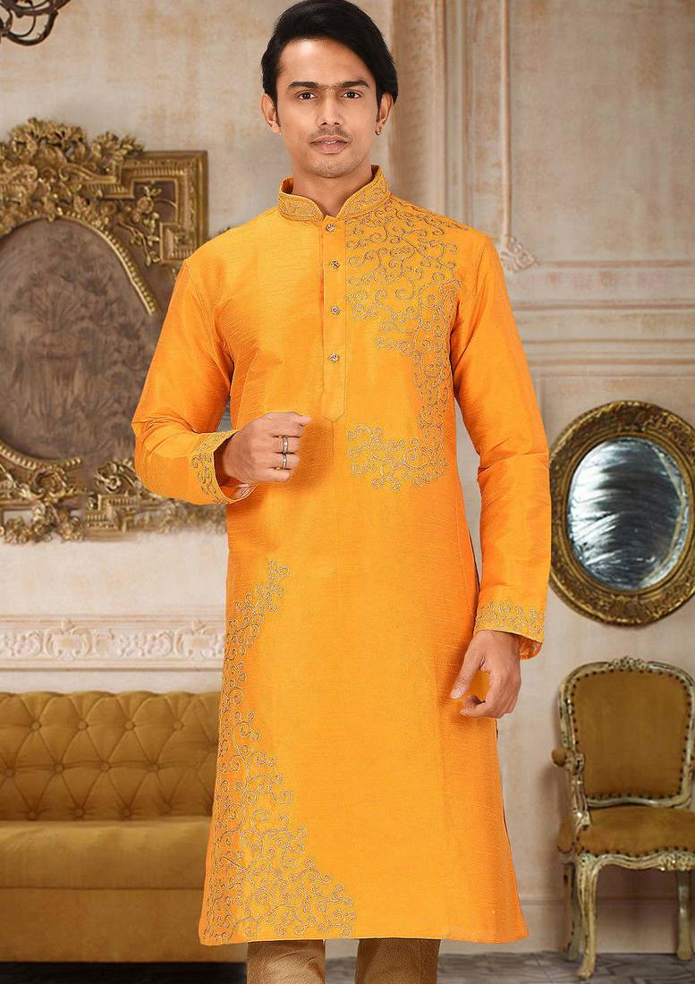 Yellow dupion art silk kurta with computerised embroidery machine work churidar