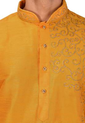 men's yellow art dupion silk embroidered kurta patiala set 2
