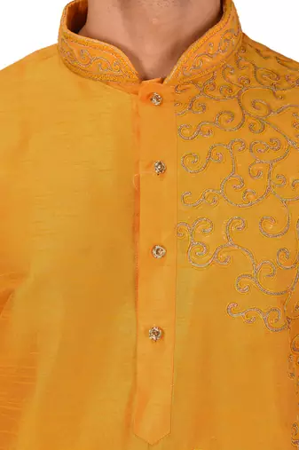 men's yellow art dupion silk embroidered kurta patiala set