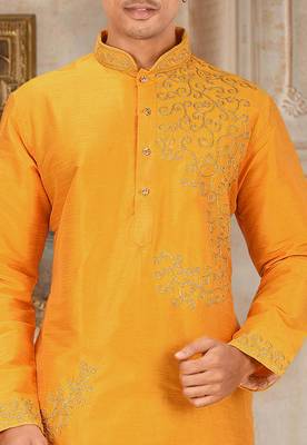 men's yellow art dupion silk embroidered kurta patiala set 3