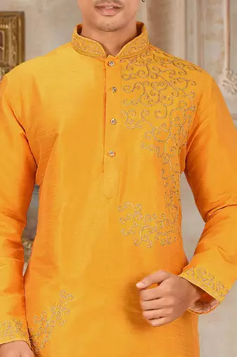 men's yellow art dupion silk embroidered kurta patiala set