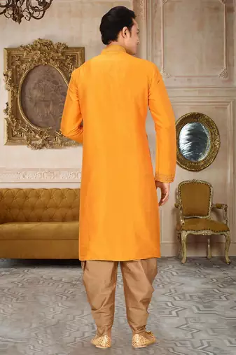 men's yellow art dupion silk embroidered kurta patiala set