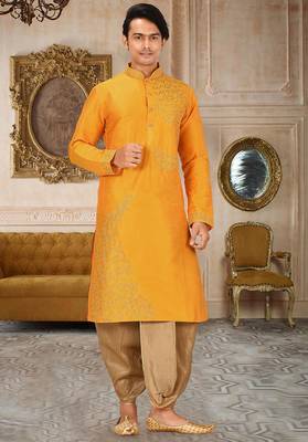 men's yellow art dupion silk embroidered kurta dhoti set 1