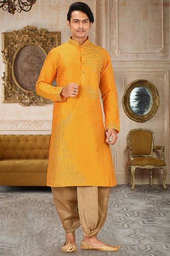 Yellow dupion art silk kurta with computerised embroidery machine work churidar