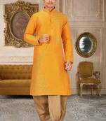 Yellow dupion art silk kurta with computerised embroidery machine work churidar