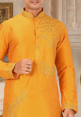 men's yellow art dupion silk embroidered kurta dhoti set 2