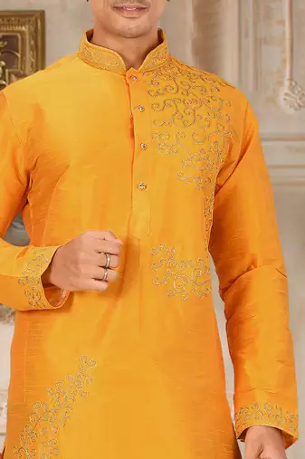 men's yellow art dupion silk embroidered kurta dhoti set