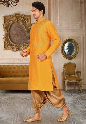 men's yellow art dupion silk embroidered kurta dhoti set 3