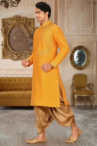 men's yellow art dupion silk embroidered kurta dhoti set