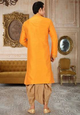 men's yellow art dupion silk embroidered kurta dhoti set 4