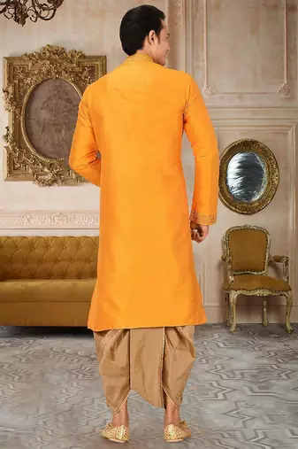 men's yellow art dupion silk embroidered kurta dhoti set