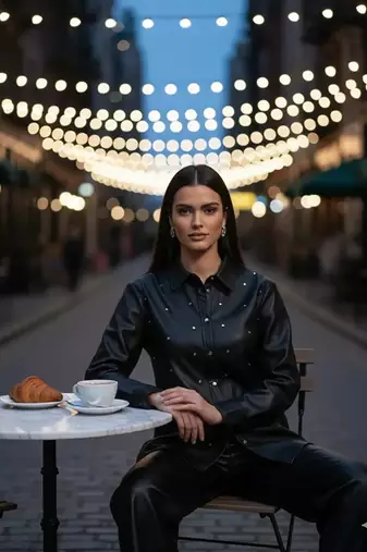 Black premium faux leather minimal stud embellishment free size co ord set