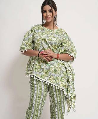 Green floral cotton blend floral print free size co ord set 3