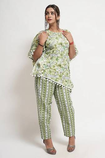 Green floral cotton blend floral print free size co ord set