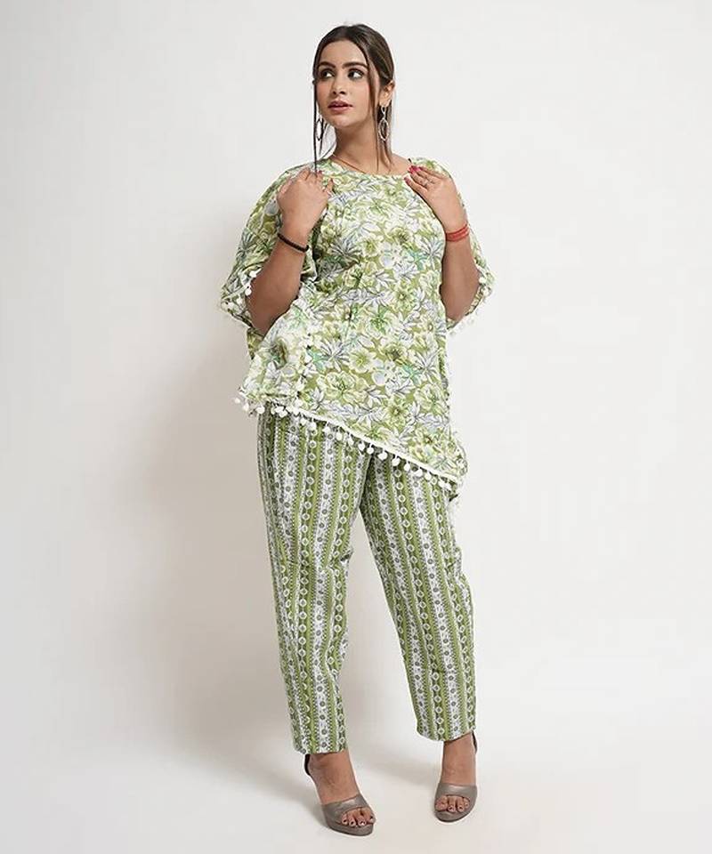 Green floral cotton blend floral print free size co ord set