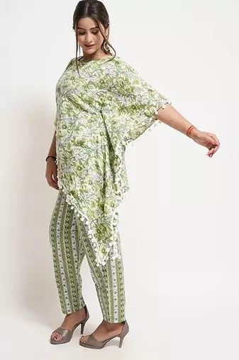 Green floral cotton blend floral print free size co ord set