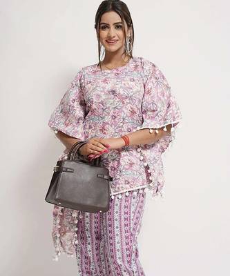 Purple cotton blend floral print free size co ord set 2