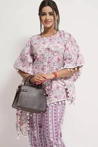 Purple cotton blend floral print free size co ord set