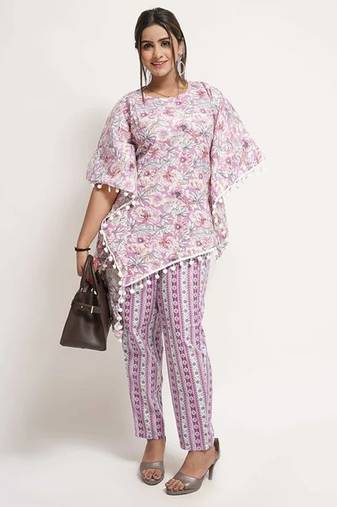 Purple cotton blend floral print free size co ord set