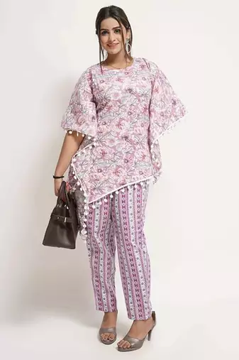 Purple cotton blend floral print free size co ord set