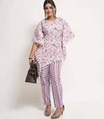 Purple cotton blend floral print free size co ord set