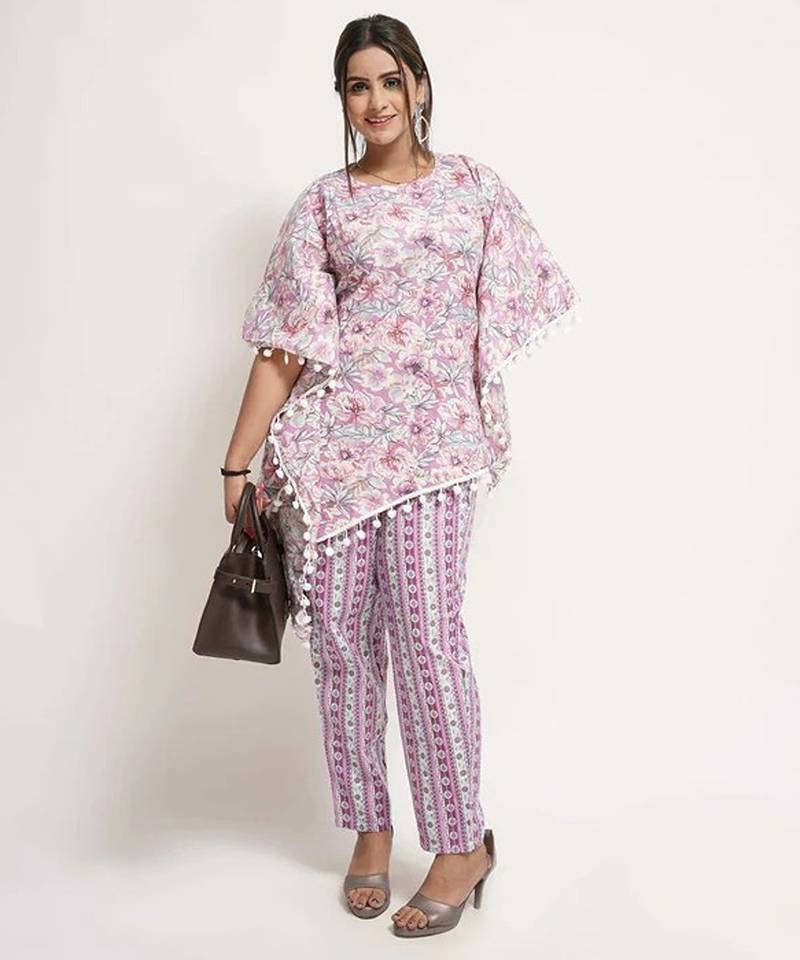 Purple cotton blend floral print free size co ord set