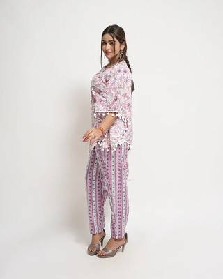 Purple cotton blend floral print free size co ord set 3
