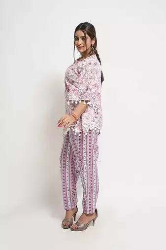 Purple cotton blend floral print free size co ord set