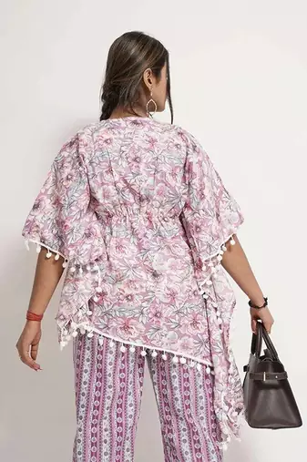 Purple cotton blend floral print free size co ord set