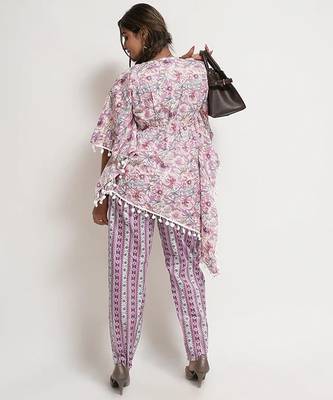 Purple cotton blend floral print free size co ord set 5