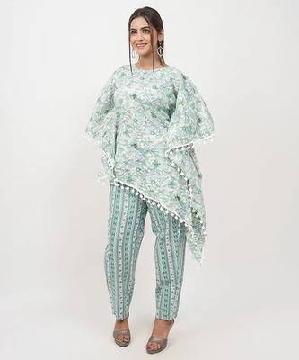 Green floral cotton blend floral print free size co ord set 1