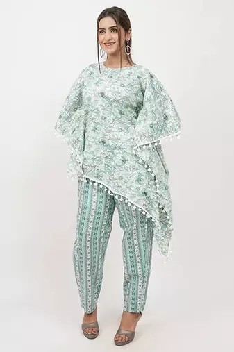 Green floral cotton blend floral print free size co ord set