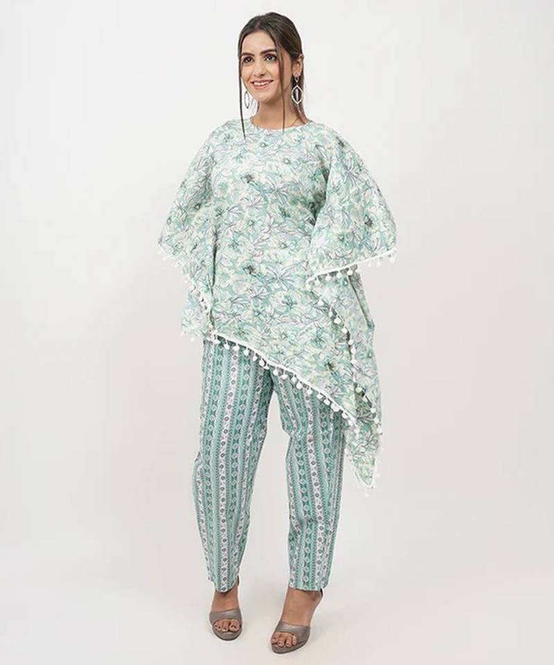 Green floral cotton blend floral print free size co ord set