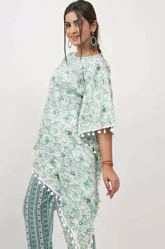 Green floral cotton blend floral print free size co ord set
