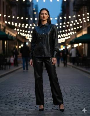 Black premium faux leather minimal stud embellishment free size co ord set 1