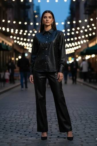 Black premium faux leather minimal stud embellishment free size co ord set