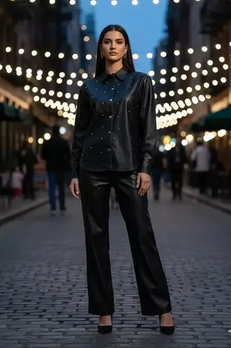 Black premium faux leather minimal stud embellishment free size co ord set