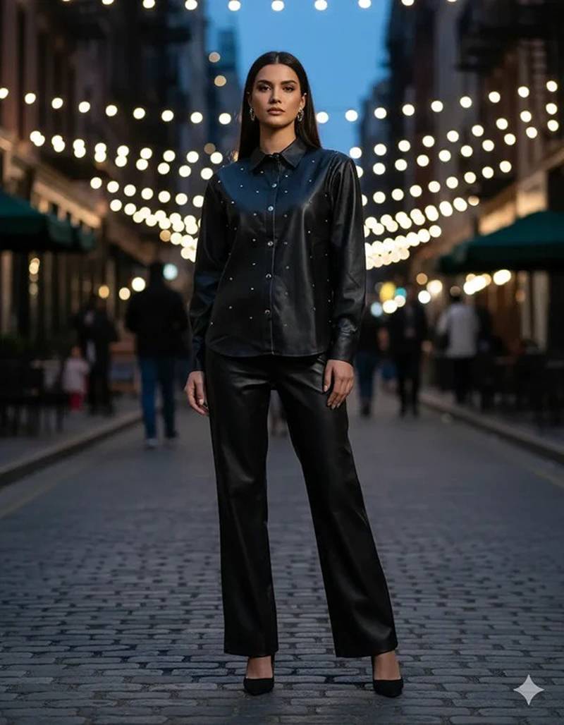 Black premium faux leather minimal stud embellishment free size co ord set