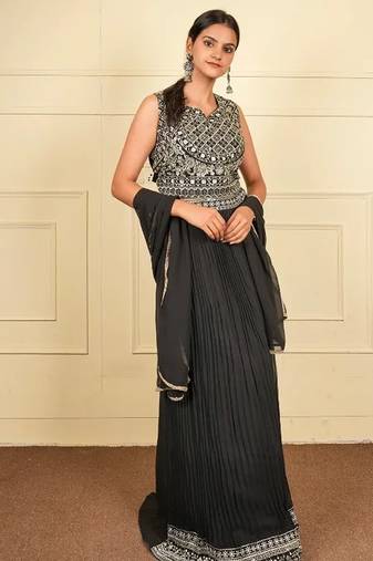 Black soft georgette intricate threadwork free size co ord set